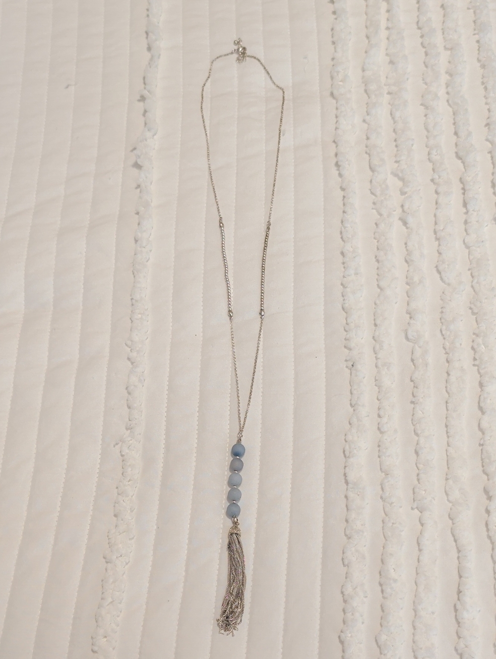 Delicate Silver Necklace With Blue Beads & Tassel